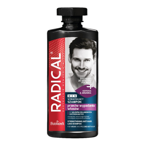 A bottle of Radical Men Strengthening Anti-Hair Loss Shampoo, enriched with horsetail extract, caffeine, and arginine for reducing hair loss and promoting healthy growth.