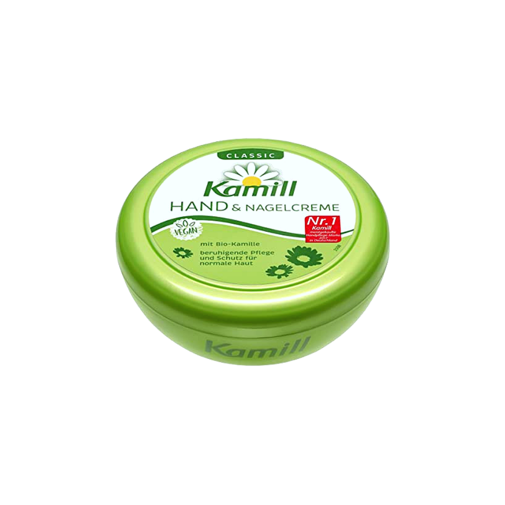 Kamill Classic Hand & Nail Cream in a green jar, enriched with chamomile for soothing and protective care.
