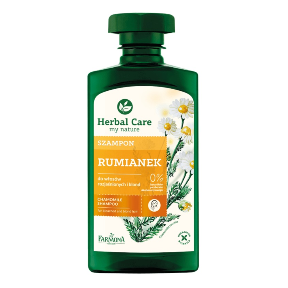 A green bottle of Herbal Care Chamomile Shampoo for blonde and bleached hair, enriched with chamomile extract for radiance and care.