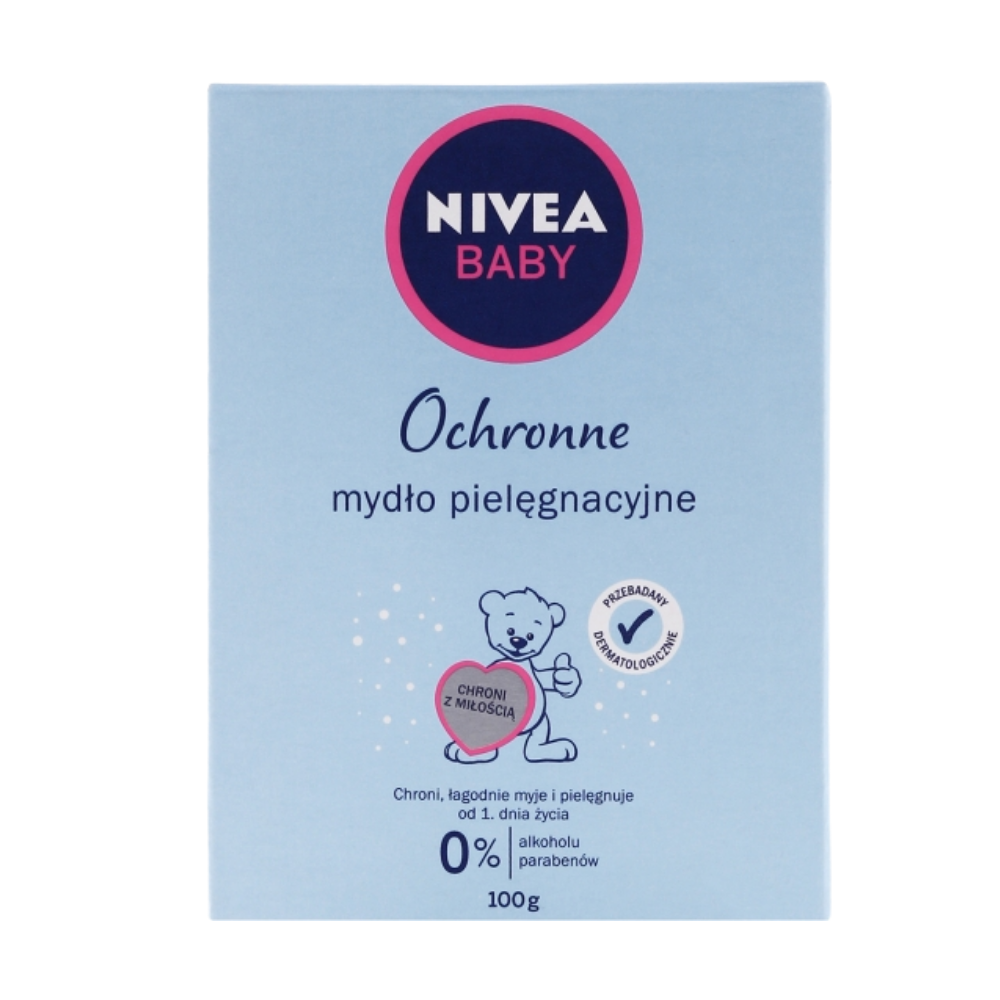 100g Nivea Baby Protective Care Soap bar, designed to gently cleanse and care for delicate, sensitive baby skin from the first day of life. Enriched with olive oil and moisturizing ingredients, it’s free from parabens, alcohol, and dyes, with a skin-friendly pH. Recommended by pediatricians and dermatologists, and ophthalmologically tested.