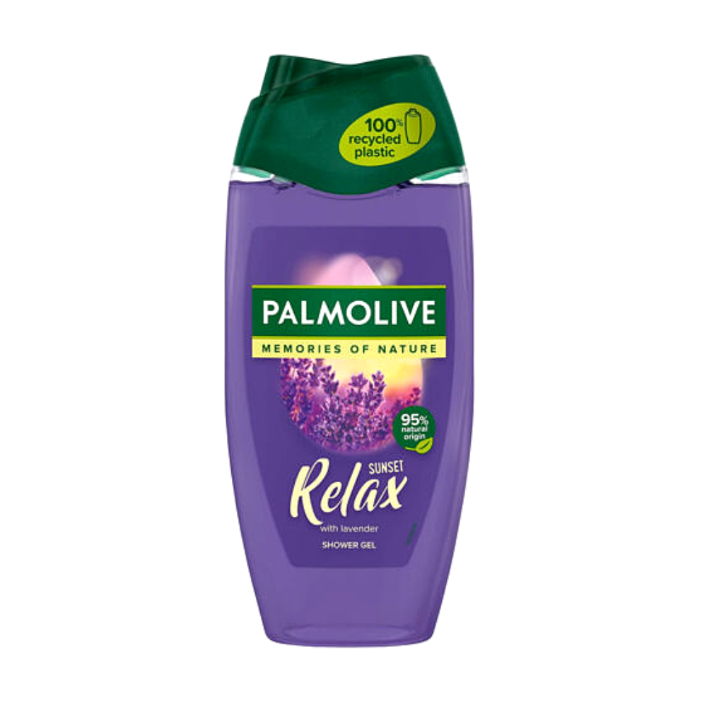 A bottle of Palmolive Memories of Nature Sunset Relax Shower Gel with lavender, featuring eco-friendly packaging and natural ingredients