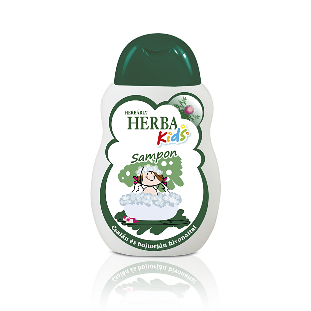HerbaKids Shampoo bottle, 150ml, featuring Nettle & Burdock extract for children over 3 years. The label highlights the shampoo’s natural ingredients and its suitability for sensitive scalp and hair, produced by Herbária Zrt. following a traditional recipe.