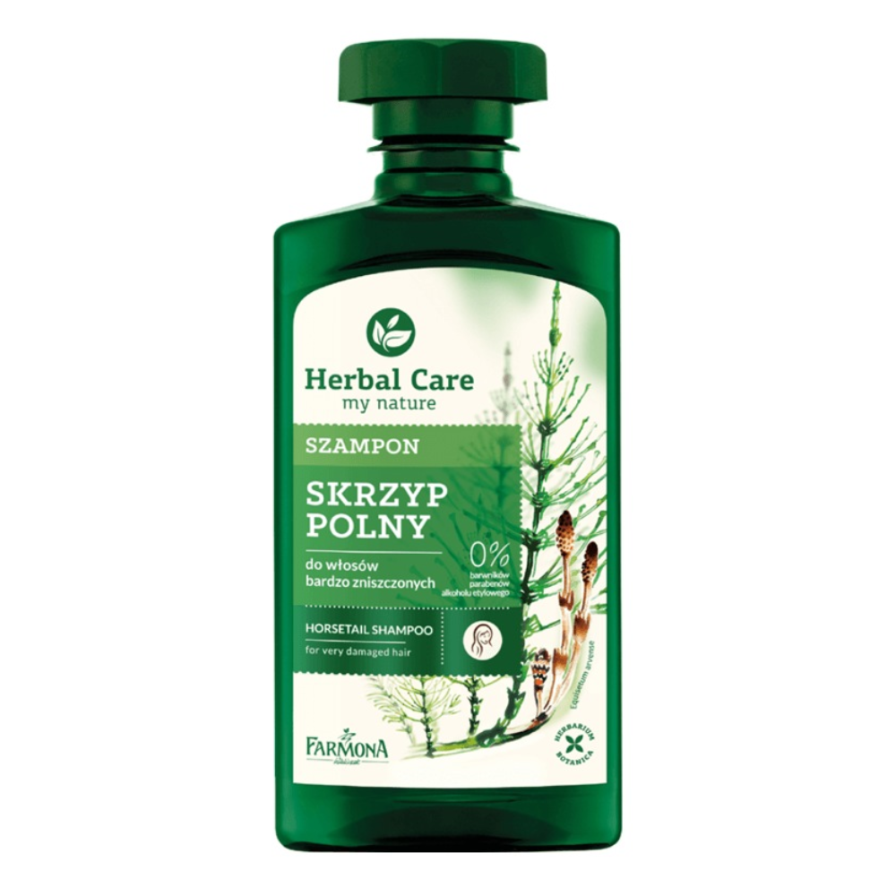 A green bottle of Herbal Care Horsetail Shampoo, designed for very damaged hair, enriched with horsetail extract for strength and repair.