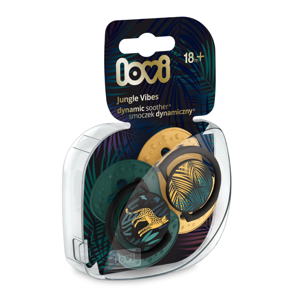 Lovi Jungle Vibes Silicone Pacifier for 18+ months in a set of two, designed to support the natural sucking reflex. The pacifiers feature a dynamic silicone nipple that adapts to the mouth’s shape, a contoured shield with air holes to prevent skin irritation, and a grip ring. BPA-free and tested medically, it comes with a hygienic cover and storage capsule, decorated with tropical jungle patterns.