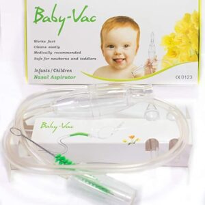 Image of the Baby-Vac Nasal Aspirator, a vacuum attachment designed for safe and effective mucus removal from infants and toddlers. The device is medically recommended, BPA and phthalate-free, connects to standard vacuum cleaners, and is easy to clean, ensuring quick relief for a congested baby.