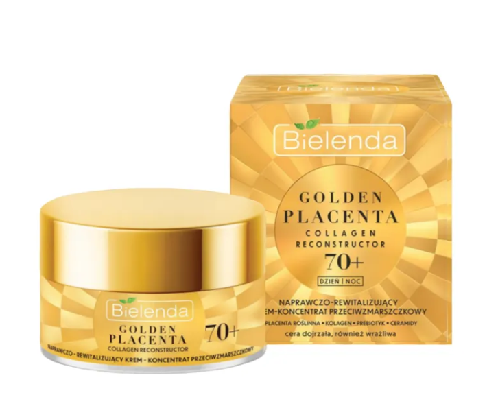 Bielenda Golden Placenta 70+ Cream, a reparative and revitalizing day/night face cream in a 50ml container, tailored for advanced age skincare