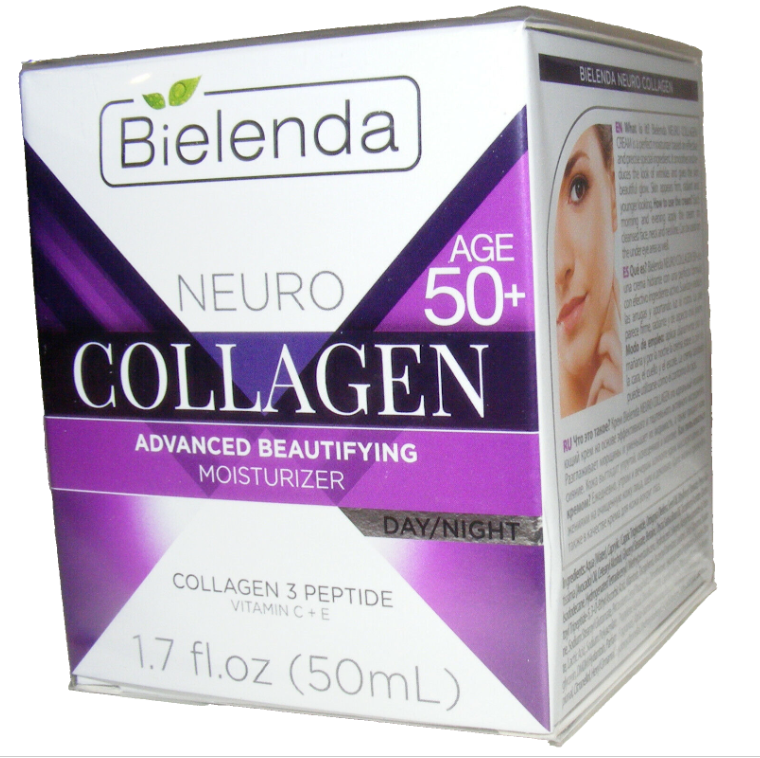 Bielenda Neuro Collagen cream container, a 50ml anti-wrinkle day and night cream designed for mature, sensitive skin over 50. The product emphasizes collagen and peptide ingredients for skin rejuvenation and wrinkle reduction.
