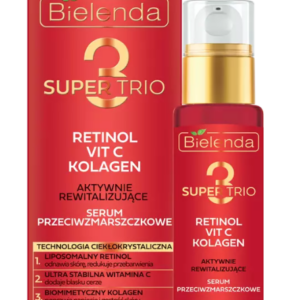 SUPER TRIO Night Serum with 3 Retinol, Vitamin C, and Collagen for anti-wrinkle and revitalizing skincare, targeting signs of aging