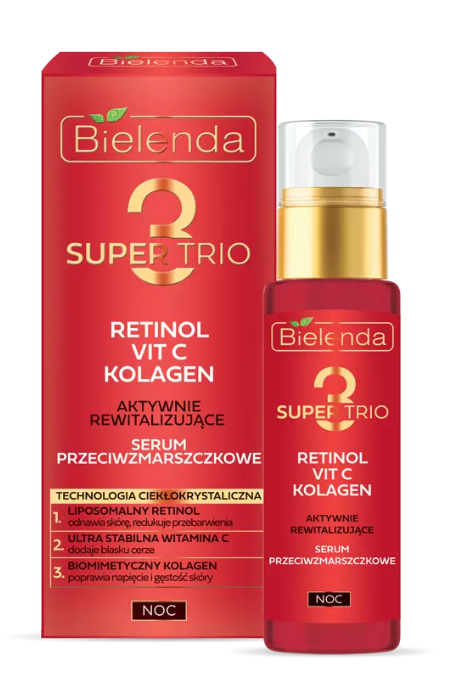 SUPER TRIO Night Serum with 3 Retinol, Vitamin C, and Collagen for anti-wrinkle and revitalizing skincare, targeting signs of aging