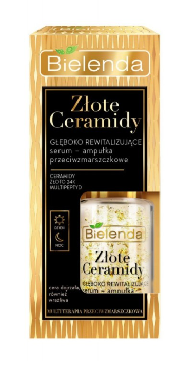 Bielenda Golden Ceramides Serum, 15 ml ampoule, offers anti-wrinkle and revitalizing properties, designed to enhance skin’s firmness and hydration.