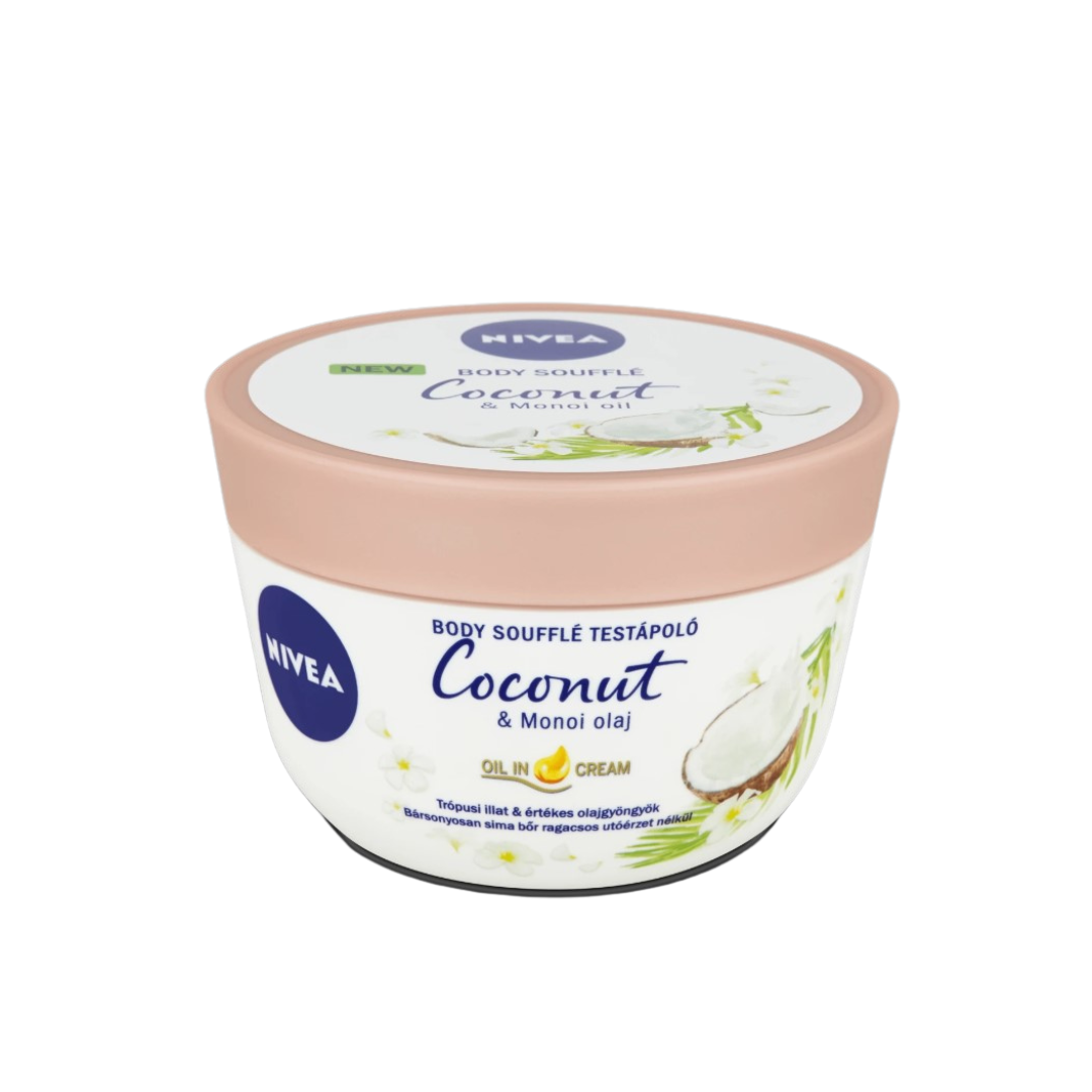 Container of NIVEA Body Soufflé Coconut & Monoi Oil, featuring a white and light green label with coconut imagery, emphasizing its 200 ml volume and 24-hour moisture promise.