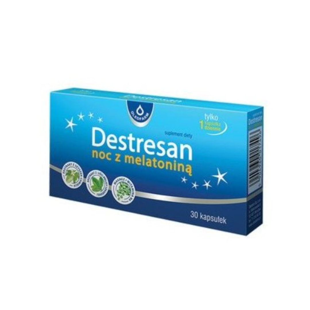 Box of Destresan Noc z MelatoninÄ…, a dietary supplement containing 30 capsules. The blue packaging highlights its use for promoting sleep and relaxation, featuring melatonin as a key ingredient.
