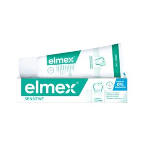 A tube and box of Elmex Sensitive Toothpaste with Amino Fluoride, designed for sensitive teeth, providing 24-hour protection and gentle cleaning, free from colorants.