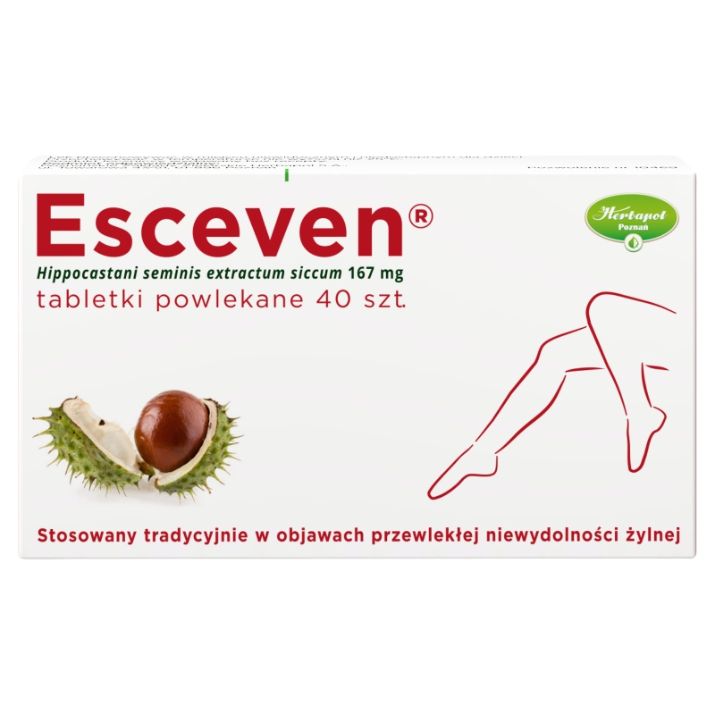 Box of Esceven tablets, featuring horse chestnut extract, used for chronic venous insufficiency relief, 40 coated tablets.