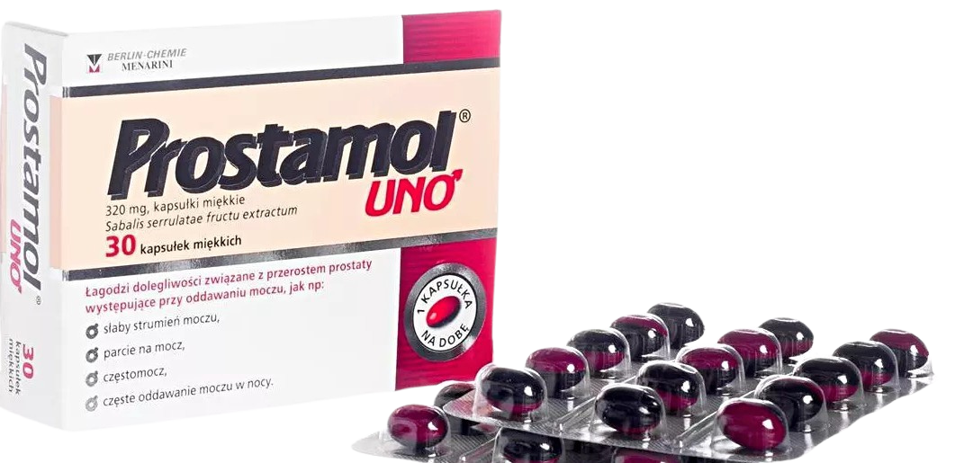 Prostamol UNO box and blister pack containing 30 softgel capsules