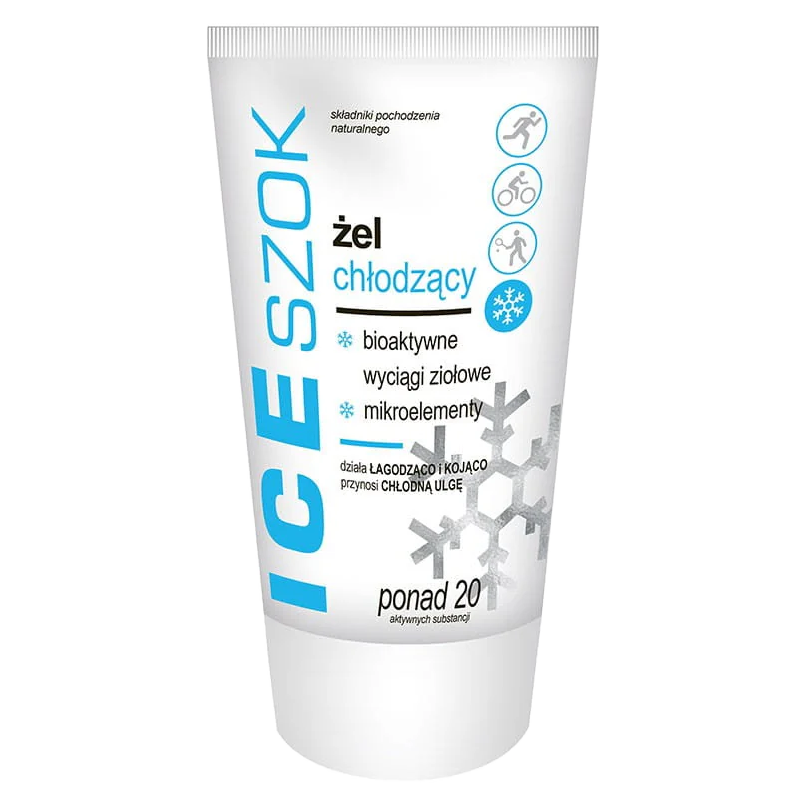 A tube of Ice Szok Cooling Gel with a snowflake design, highlighting its natural ingredients and cooling properties for muscle relief and recovery.