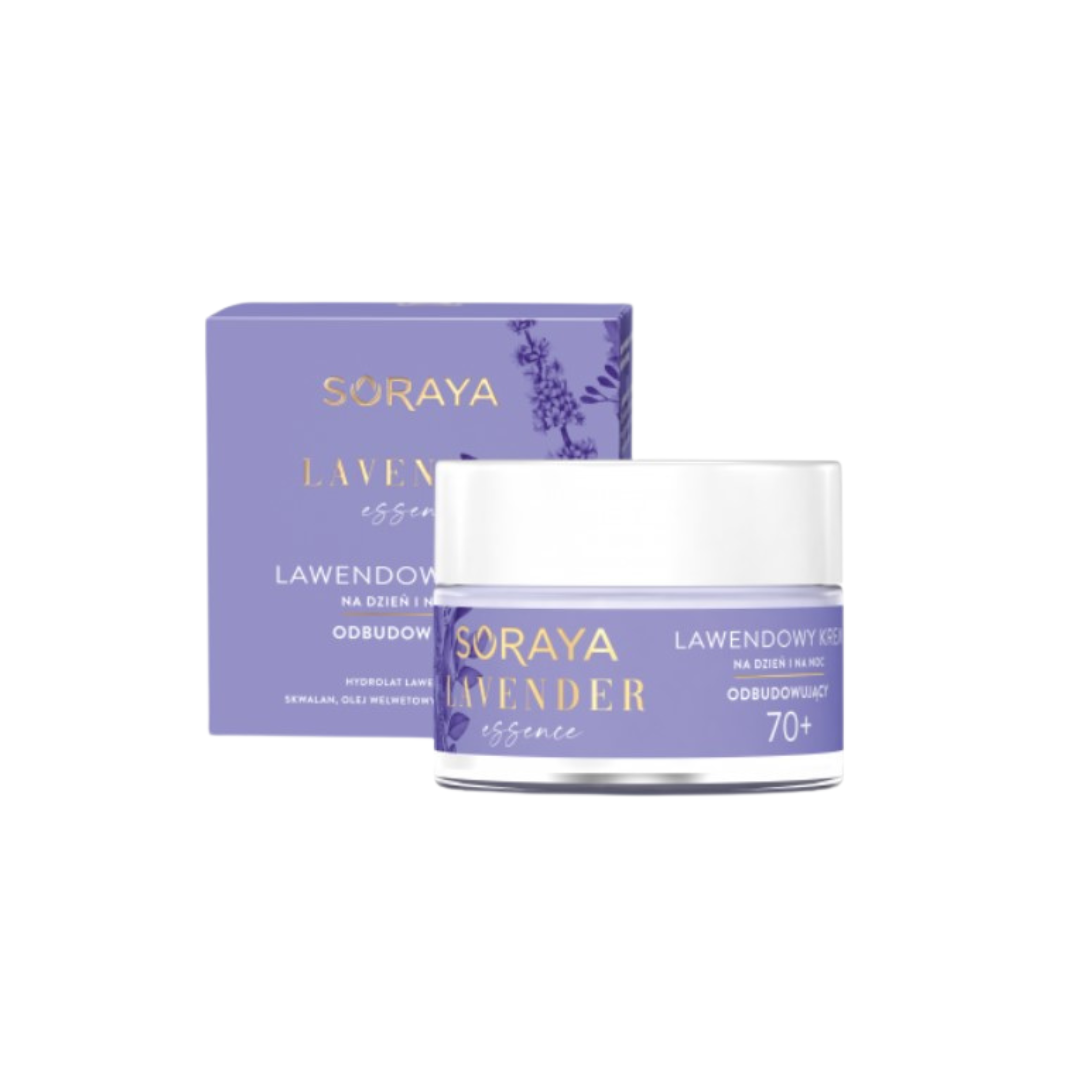 Soraya Lavender Essence Rebuilding Day and Night Cream 70+ in a 50ml jar with lavender-themed packaging.