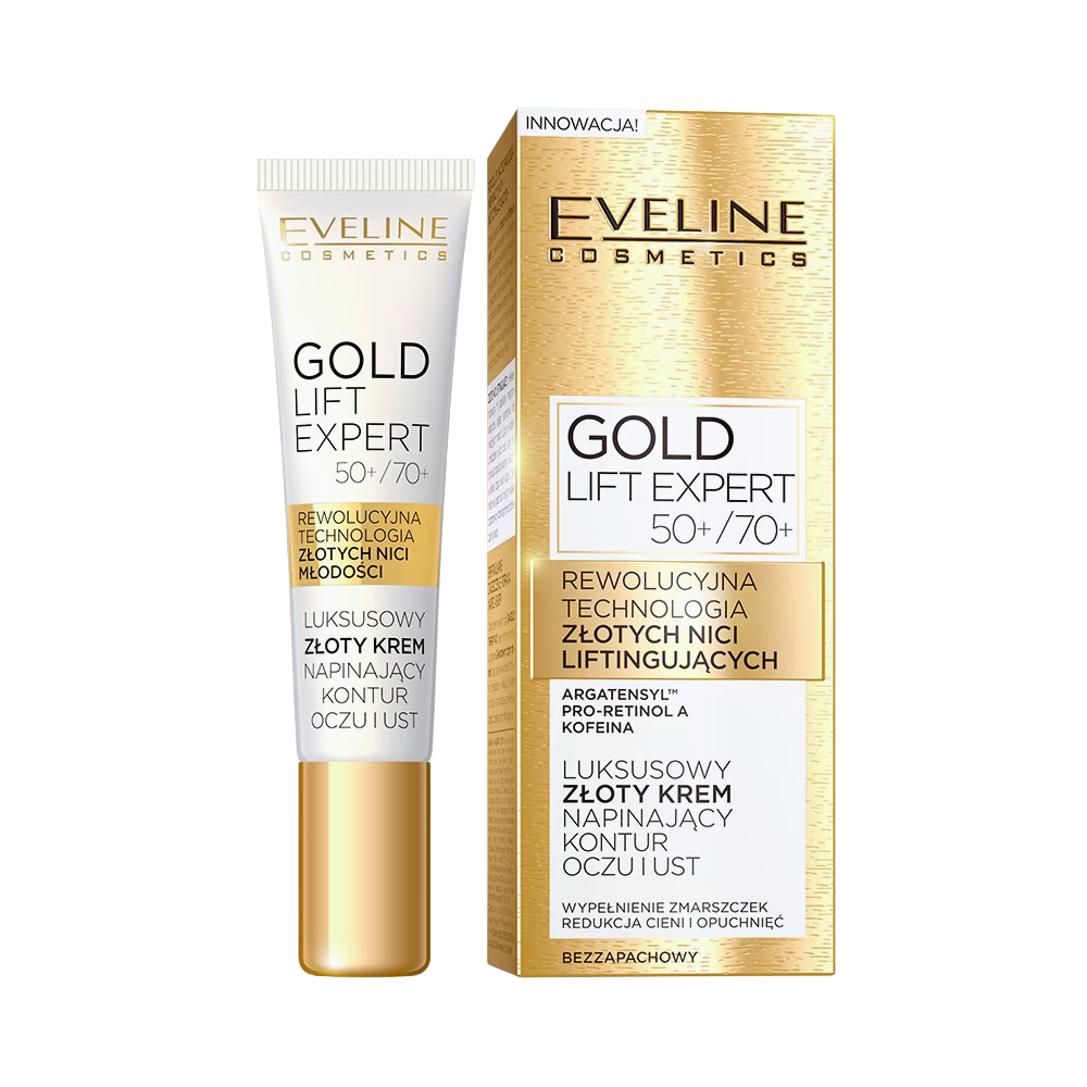 Packaging of Eveline Gold Lift Expert Luxurious Eye and Lip Contour Cream, featuring advanced lifting technology with gold threads, Argatensylâ„¢, Pro-Retinol A, and caffeine for wrinkle reduction and firming, displayed next to its golden box
