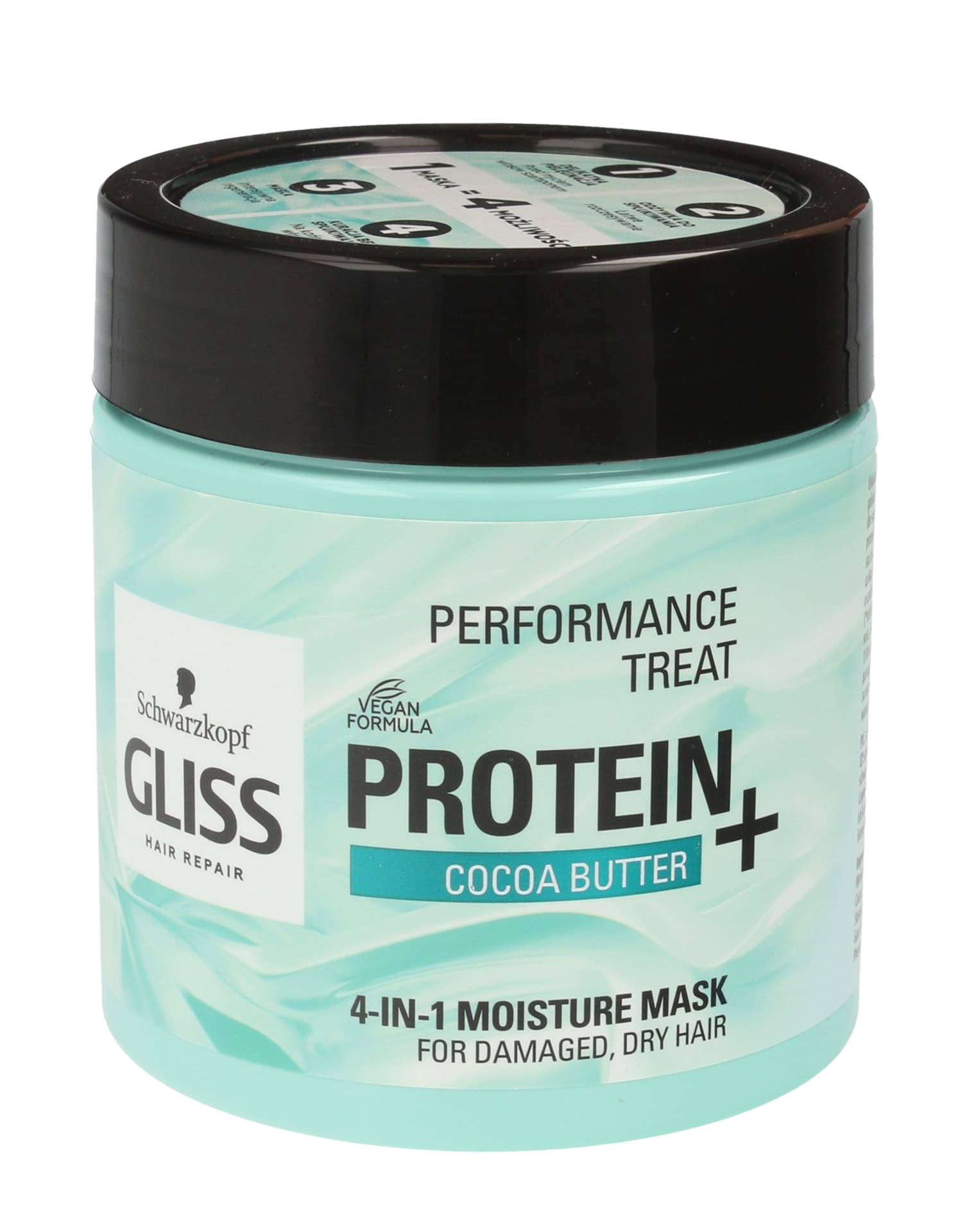 A jar of Schwarzkopf Gliss Hair Repair Protein+ Cocoa Butter 4-in-1 Moisture Mask with a mint-green label and black lid, designed for damaged and dry hair, featuring a vegan formula that nourishes and repairs.