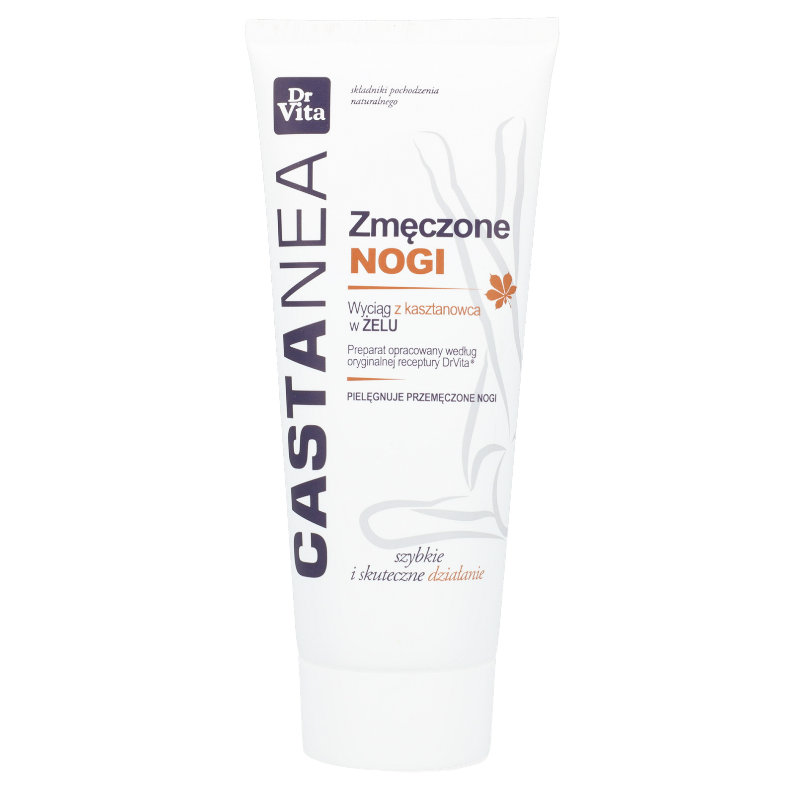 A tube of Dr. Vita Castanea Tired Legs Gel with chestnut extract, designed to soothe and revitalize tired legs.
