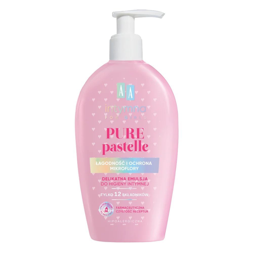 A bottle of AA Intymna Pure Pastelle for Girls, a delicate pink emulsion for intimate hygiene, designed to protect the natural microflora with 12 hypoallergenic ingredients.