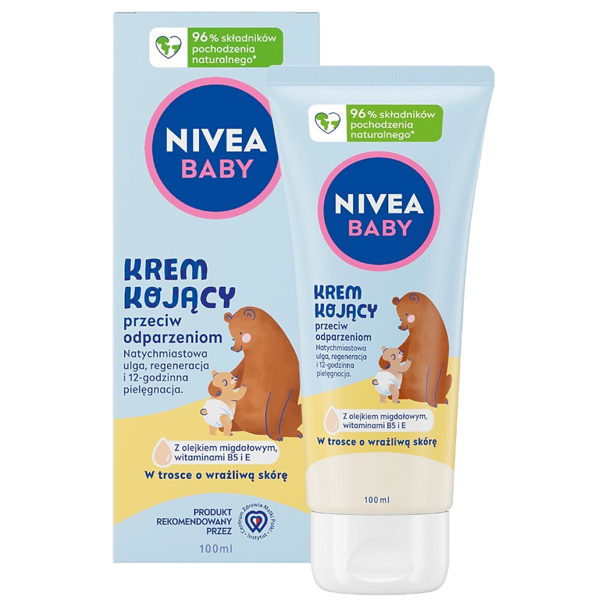 NIVEA Baby Soothing Cream for Diaper Rash in 100ml tube, with natural ingredients like almond oil, Vitamin B5, and E, offering up to 12 hours of skin protection and care.