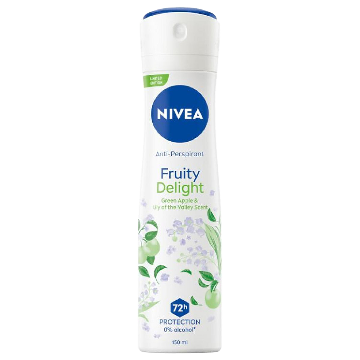 A bottle of Nivea Fruity Delight Anti-Perspirant with green apple and lily of the valley scent, offering 72-hour protection, 150ml.