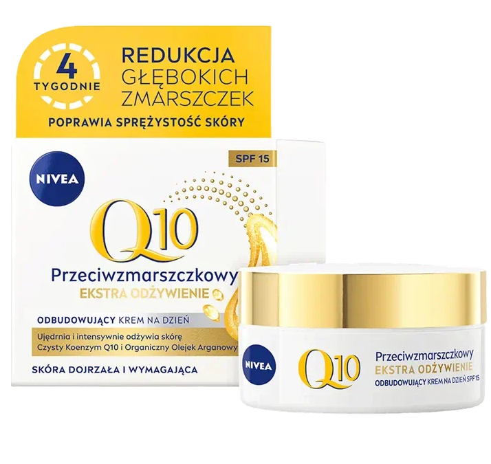 Nivea Q10 Anti-Wrinkle Day Cream Extra Nourishing with SPF 15, in a white and gold jar, next to its packaging which highlights wrinkle reduction and skin firmness benefits.