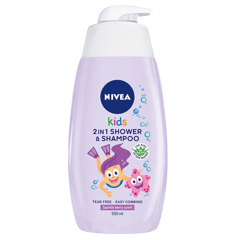 Nivea Kids 2-in-1 Shower & Shampoo bottle with sparkle berry scent, 500ml, featuring tear-free formula and easy-combing solution.