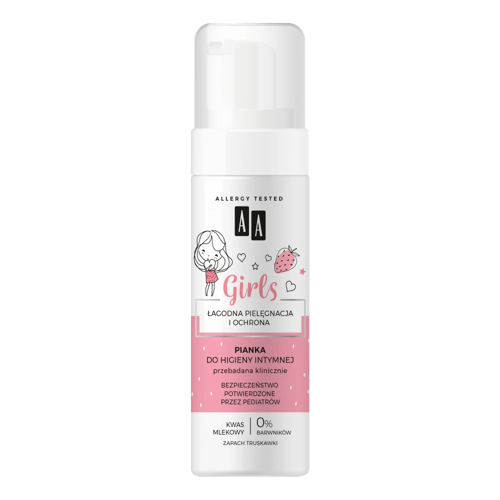 AA Girls Intimate Hygiene Foam for girls, 150ml bottle with a strawberry scent and a gentle formula, clinically tested and free from dyes.