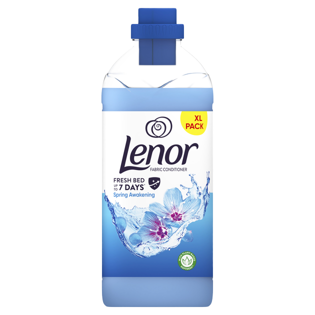 A bottle of Lenor Fabric Conditioner in the Spring Awakening scent, XL pack, featuring a blue cap and floral design on the label.