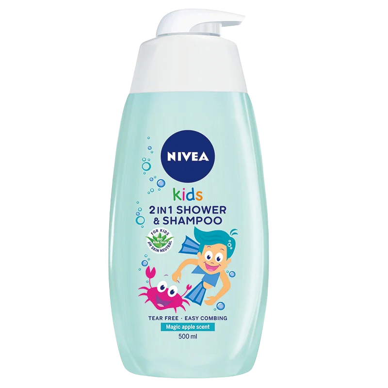 Nivea Kids 2-in-1 Shower & Shampoo bottle with magic apple scent, 500ml, featuring tear-free formula and easy-combing solution.