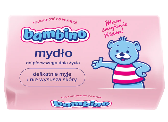 Bambino Baby Soap packaging featuring a smiling blue bear in a pink striped shirt, with text highlighting its gentle cleansing and skin-moisturizing properties.