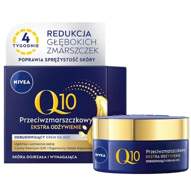 Nivea Q10 Anti-Wrinkle Night Cream Extra Nourishing packaging, featuring a blue jar with a gold lid and a box highlighting its benefits, such as reducing deep wrinkles and improving skin firmness.