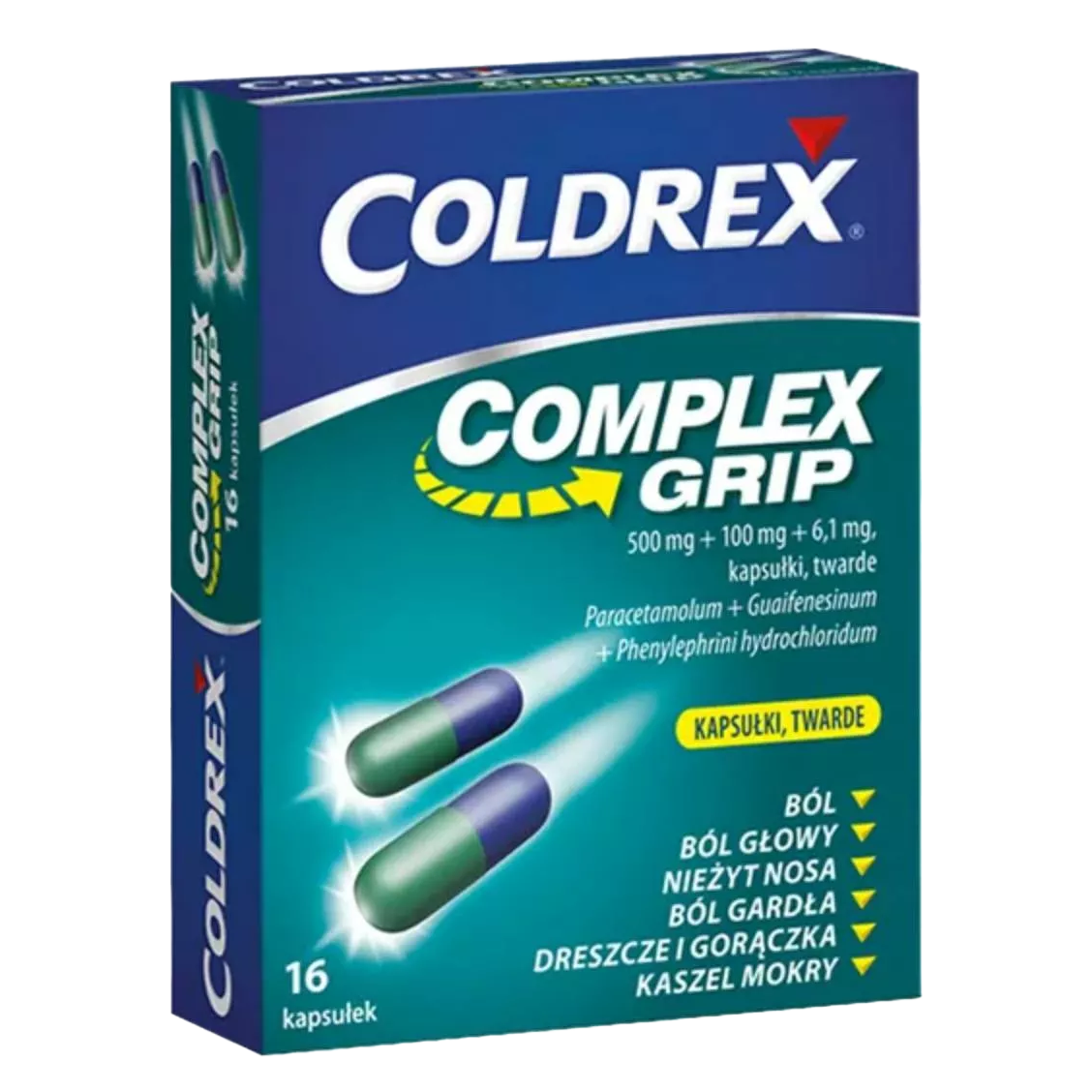 Coldrex Complex Grip 16-capsule pack for cold and flu relief, featuring active ingredients paracetamol, guaifenesin, and phenylephrine hydrochloride.