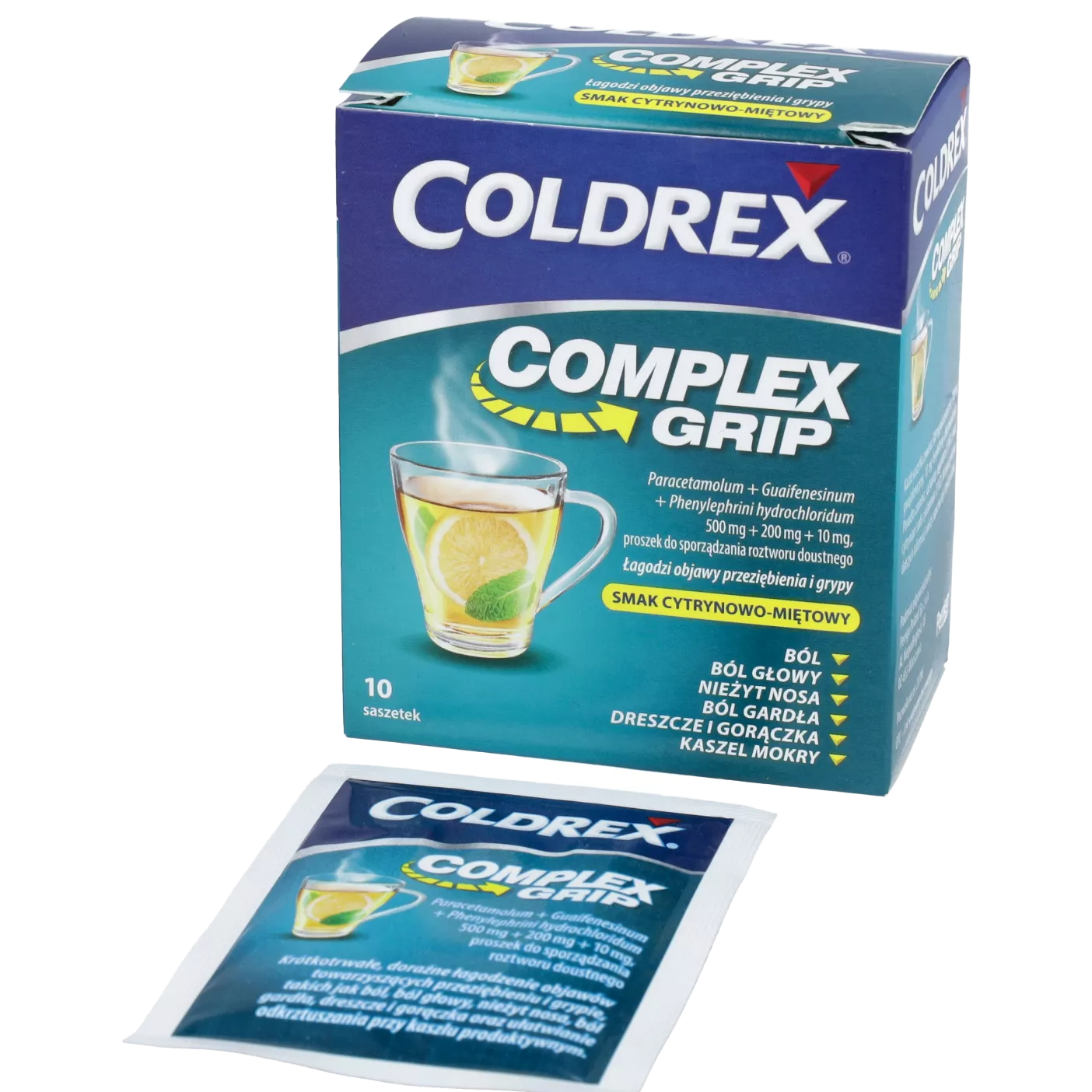 Coldrex Complex Grip Lemon-Mint 10-sachet pack for cold and flu relief with a refreshing lemon-mint flavor, featuring paracetamol, guaifenesin, and phenylephrine hydrochloride.
