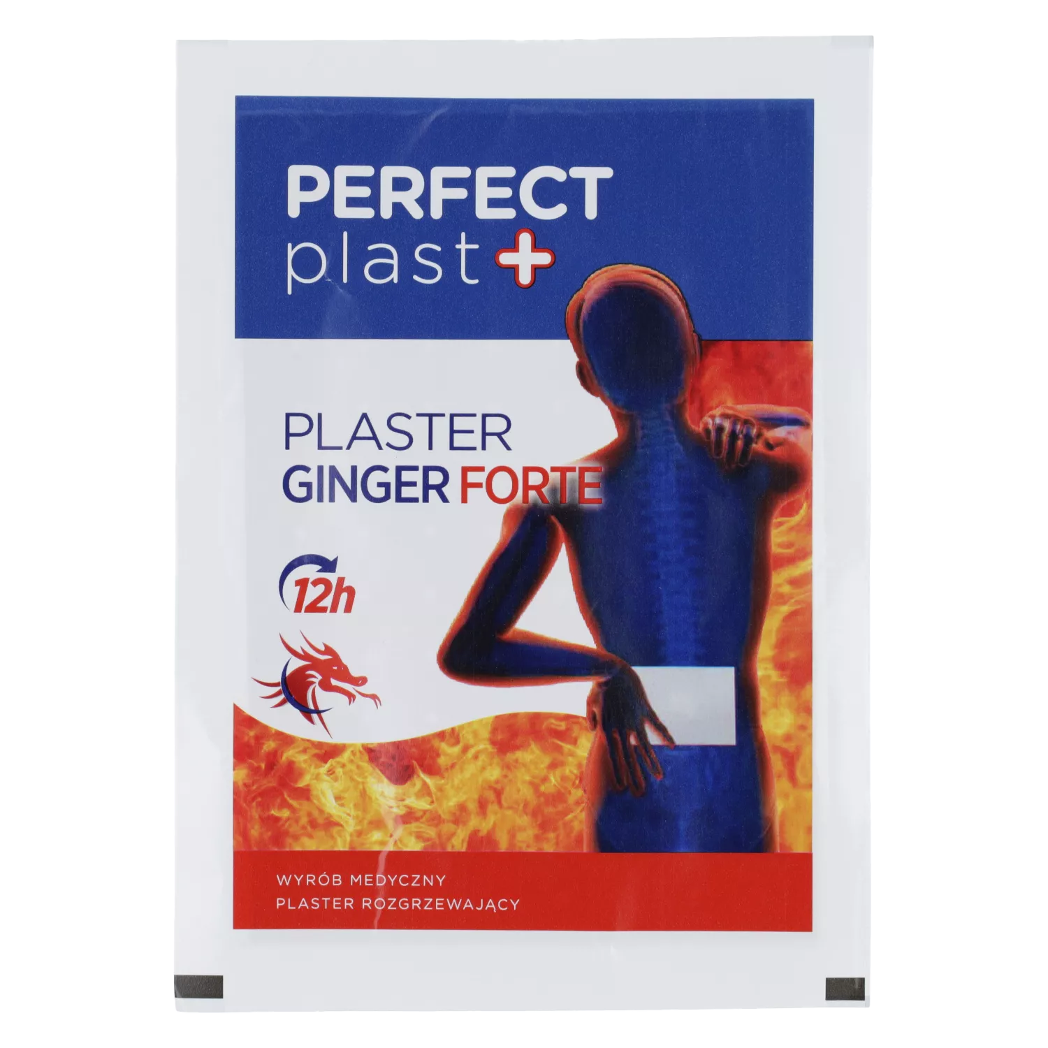 Packaging of the Perfect Plast+ Ginger Forte Heating Patch, displaying product branding with a visual of a figure experiencing back pain.