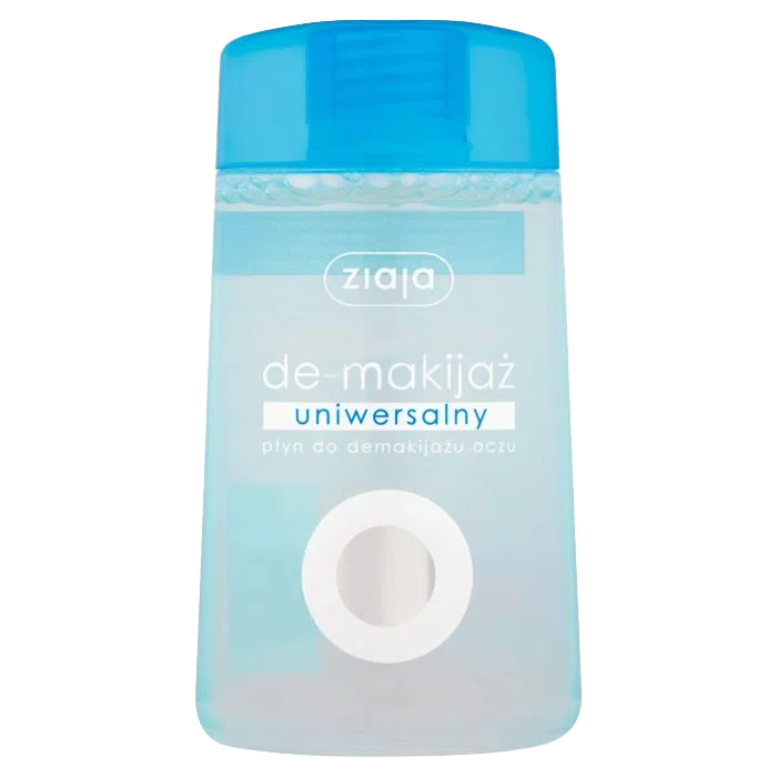 A bottle of Ziaja Universal Eye Makeup Remover with a blue cap, featuring text in Polish indicating its use for eye makeup removal.