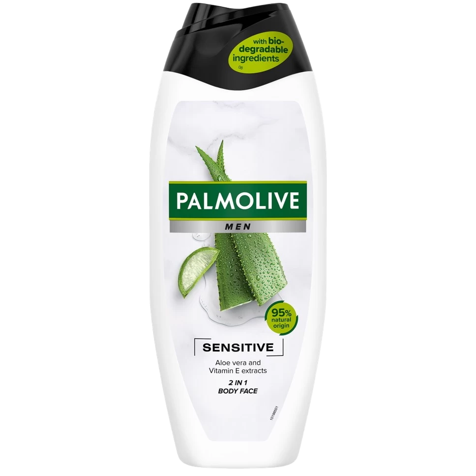 Palmolive Men Sensitive 2-in-1 Body & Face Wash bottle with aloe vera and vitamin E extracts, 95% natural origin, biodegradable ingredients for sensitive skin.