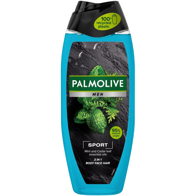 Palmolive Men Sport 3-in-1 Body, Face & Hair Wash bottle with mint and cedar leaf essential oils, 95% natural origin, in 100% recycled plastic packaging.