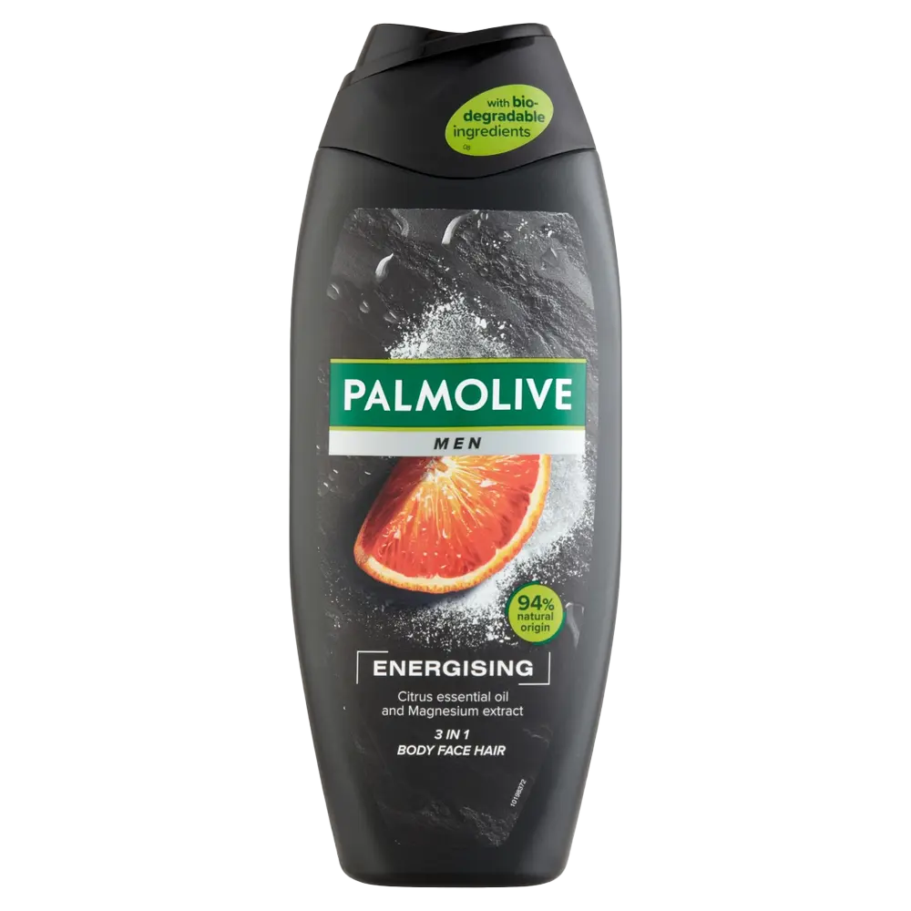 Palmolive Men Energising 3-in-1 Body, Face & Hair Wash bottle with citrus essential oil and magnesium extract, 94% natural origin, biodegradable ingredients.