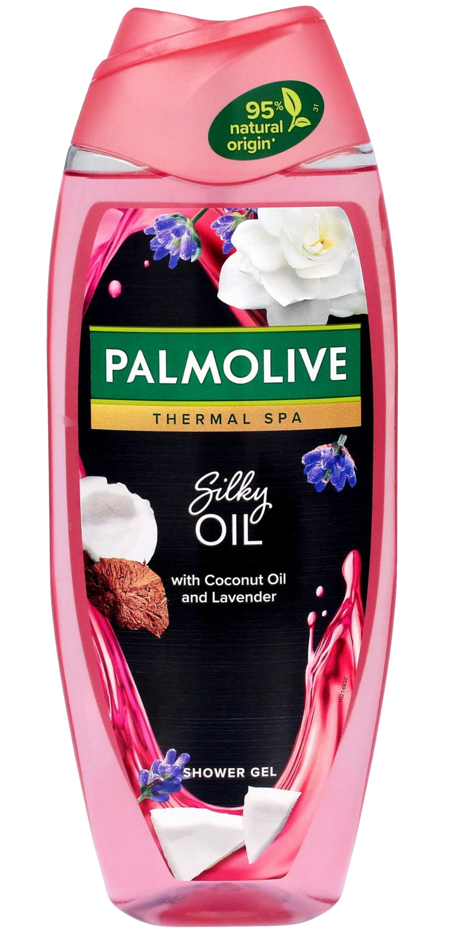 Palmolive Thermal Spa Silky Oil Shower Gel bottle with coconut oil and lavender, featuring a pink design and 95% natural origin label.