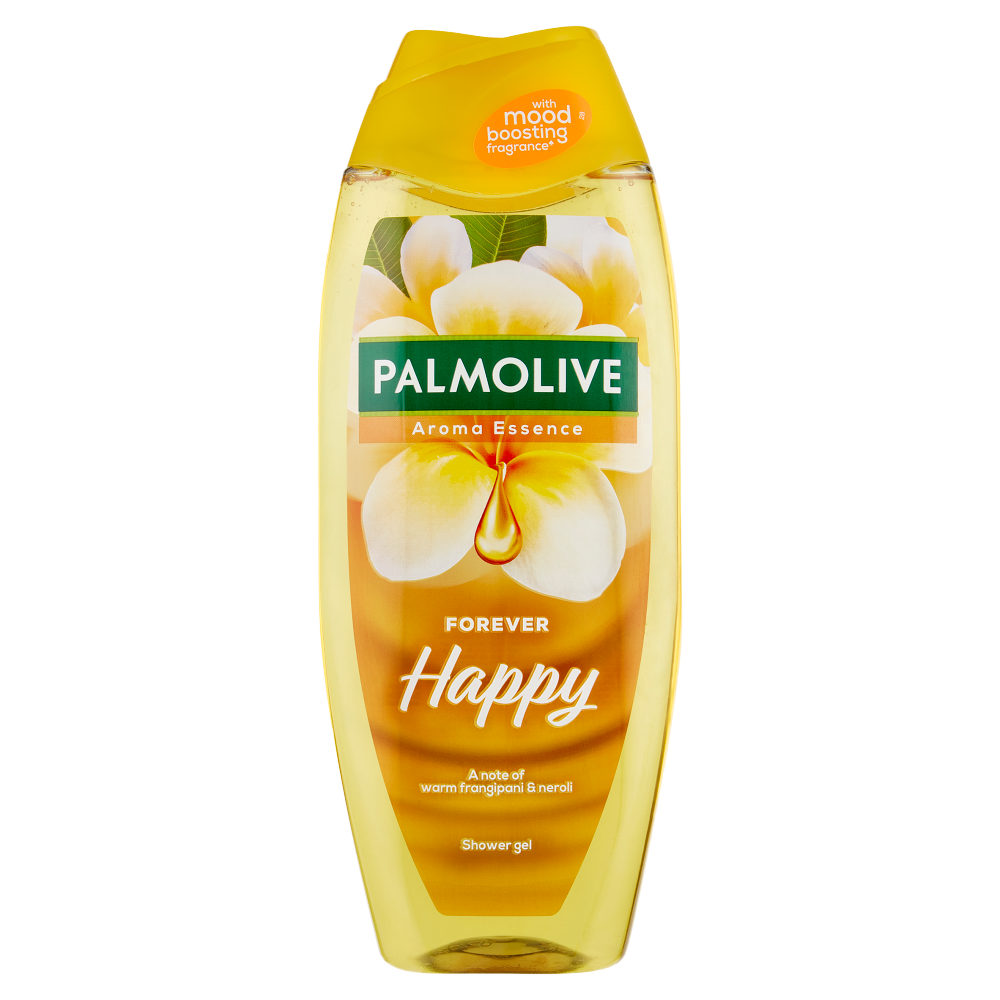 Palmolive Aroma Essence Forever Happy Shower Gel bottle with warm frangipani and neroli scent, in a yellow container featuring a mood-boosting fragrance label.