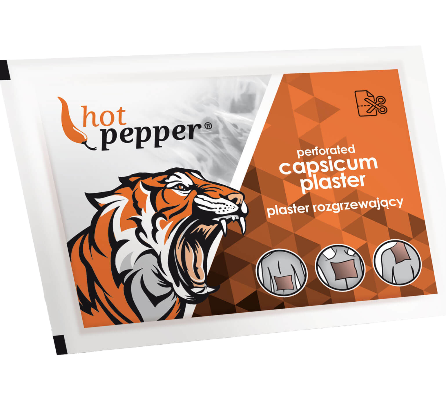 Hot Pepper Perforated Capsicum Plaster packaging featuring a roaring tiger and three icons showing application areas on the back, shoulder, and chest.