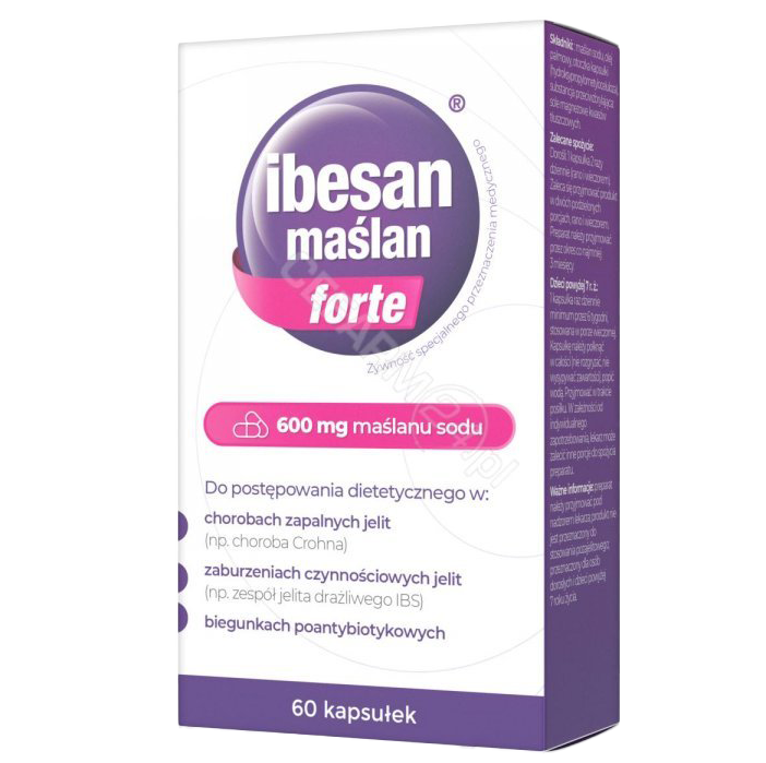 Ibesan Maślan Forte 60-capsule packaging with 600 mg sodium butyrate for managing IBD, IBS, and post-antibiotic diarrhea.