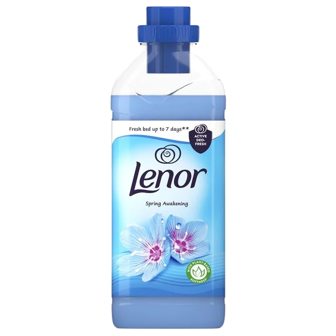 A bottle of Lenor Fabric Softener in the "Spring Awakening" scent, featuring blue flowers on the label and designed for long-lasting freshness up to 7 days.
