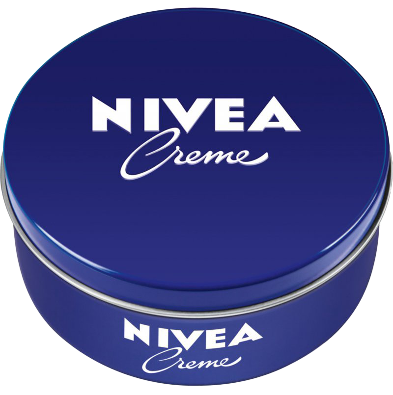 A blue tin of Nivea Creme moisturizer, featuring the brand's white logo and a smooth, rounded lid.