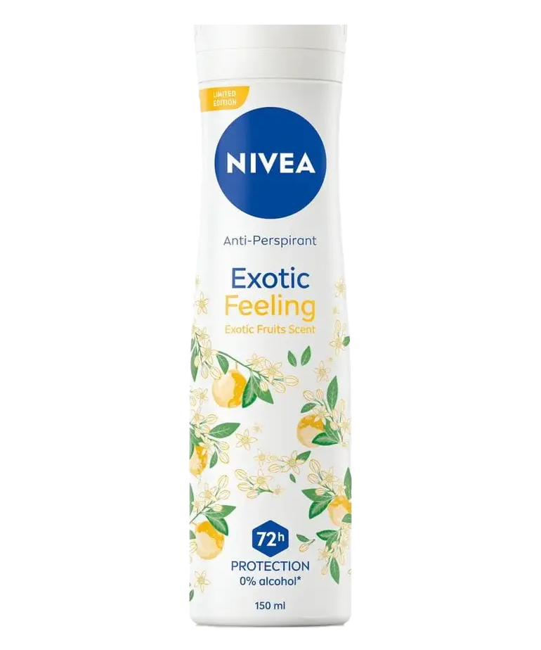 NIVEA Exotic Feeling Anti-Perspirant spray with a floral design, 150ml size, featuring 72-hour protection and an exotic fruit scent.