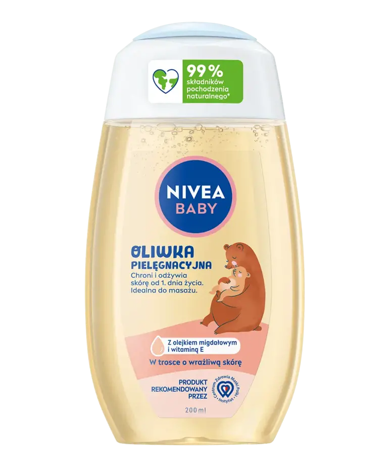 NIVEA Baby Care Oil bottle with 99% natural ingredients label, featuring a mother bear holding her baby, with almond oil and Vitamin E for sensitive skin care.
