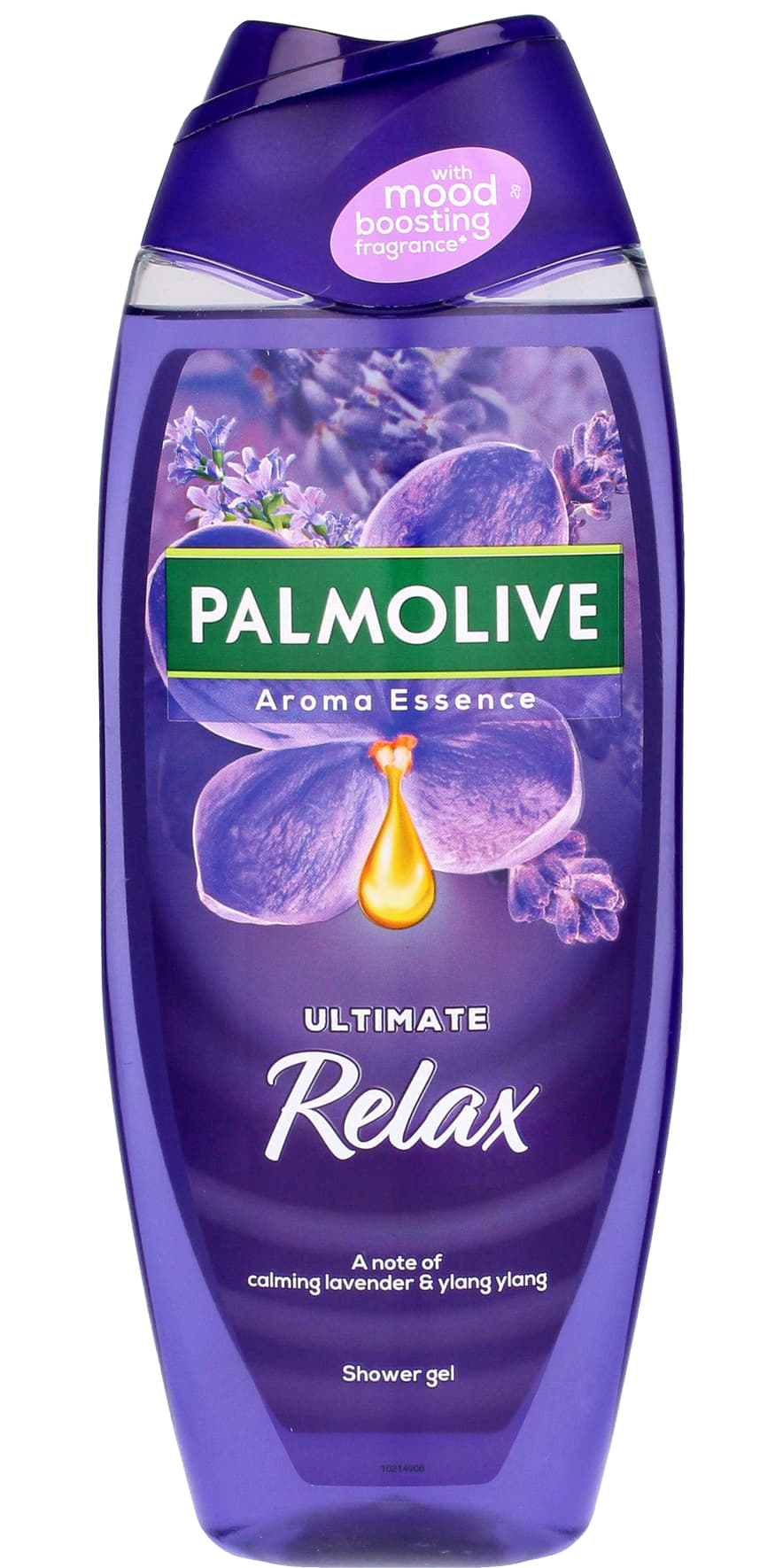 Palmolive Aroma Essence Ultimate Relax Shower Gel bottle with calming lavender and ylang ylang scent, in a purple container featuring a mood-boosting fragrance label.
